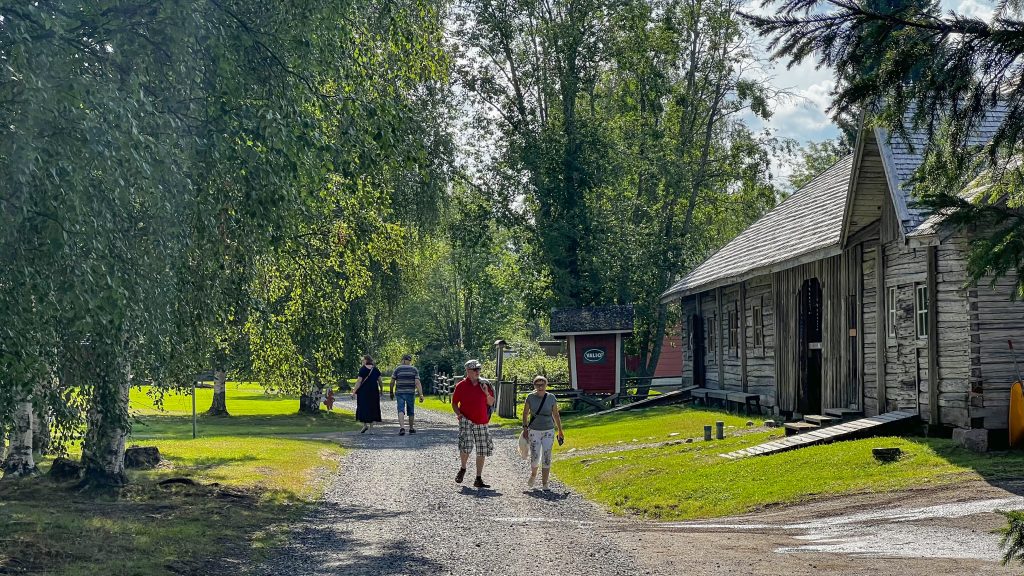 Ihmisiä kävelemässä koivujen ympäröimällä soratiellä.