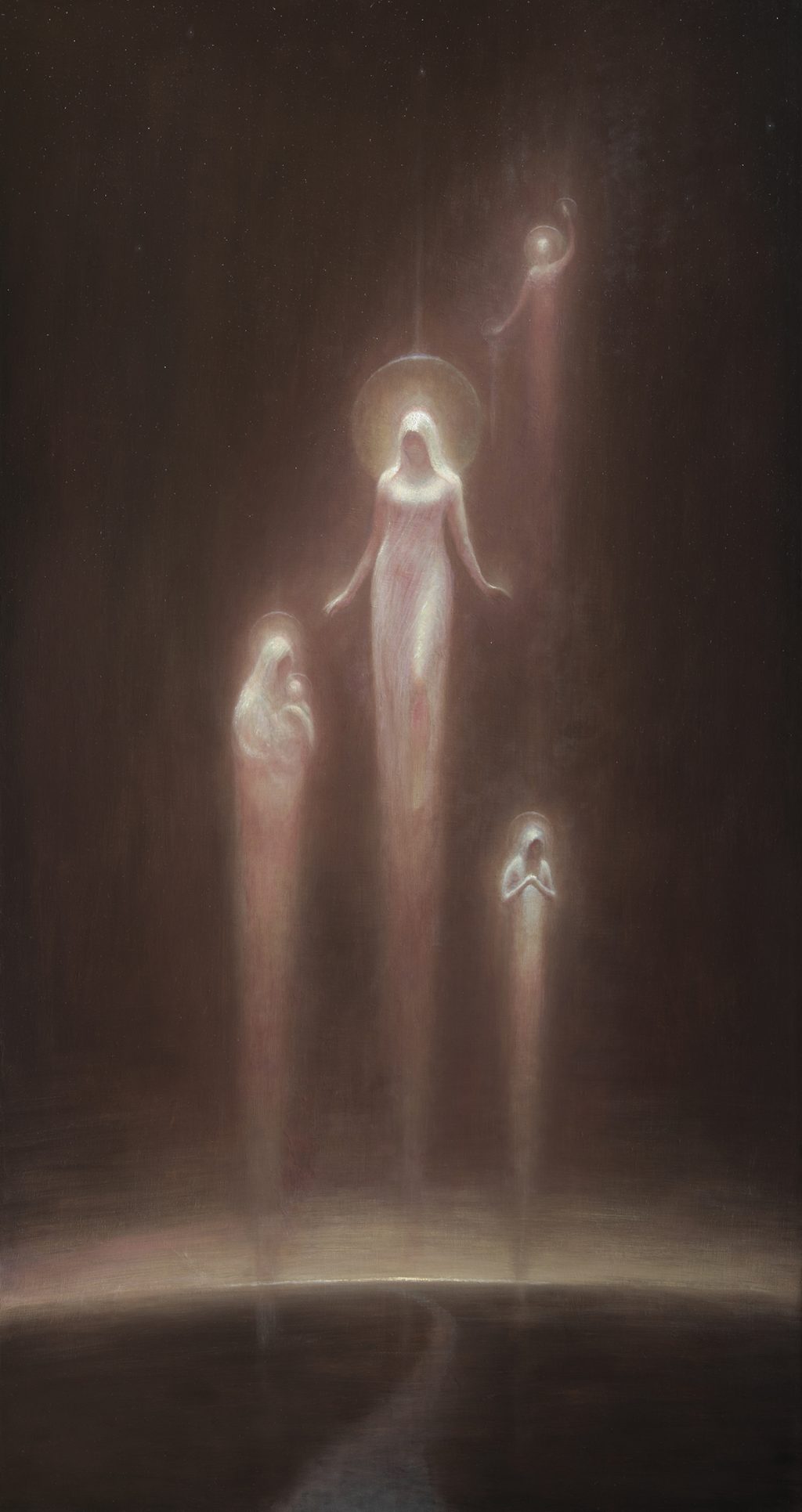 Korkea maalaus, jossa leijuvia hahmoja.