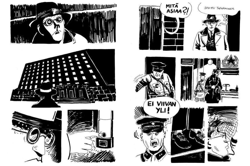 Mustavalkoinen sarjakuva-aukeama.