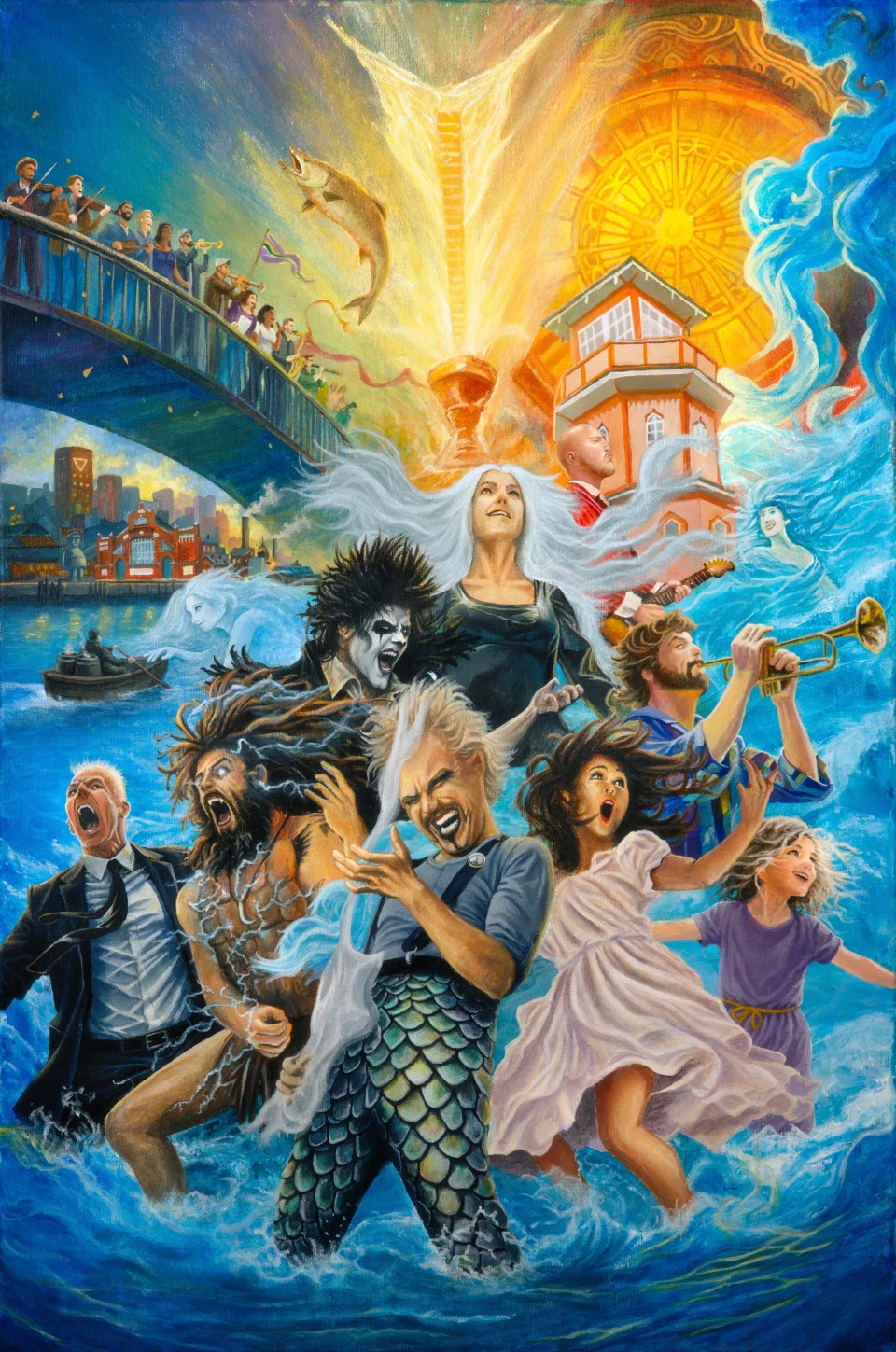 Värikäs maalaus, jossa useita ilmakitaraa soittavia hahmoja.