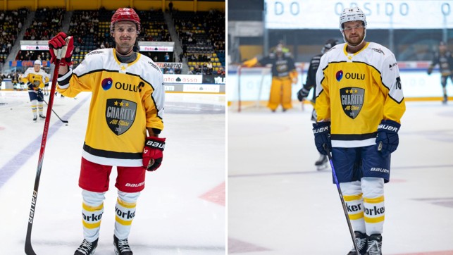 Kuvapari kahdesta jäällä poseeraavasta jääkiekkoilijasta.